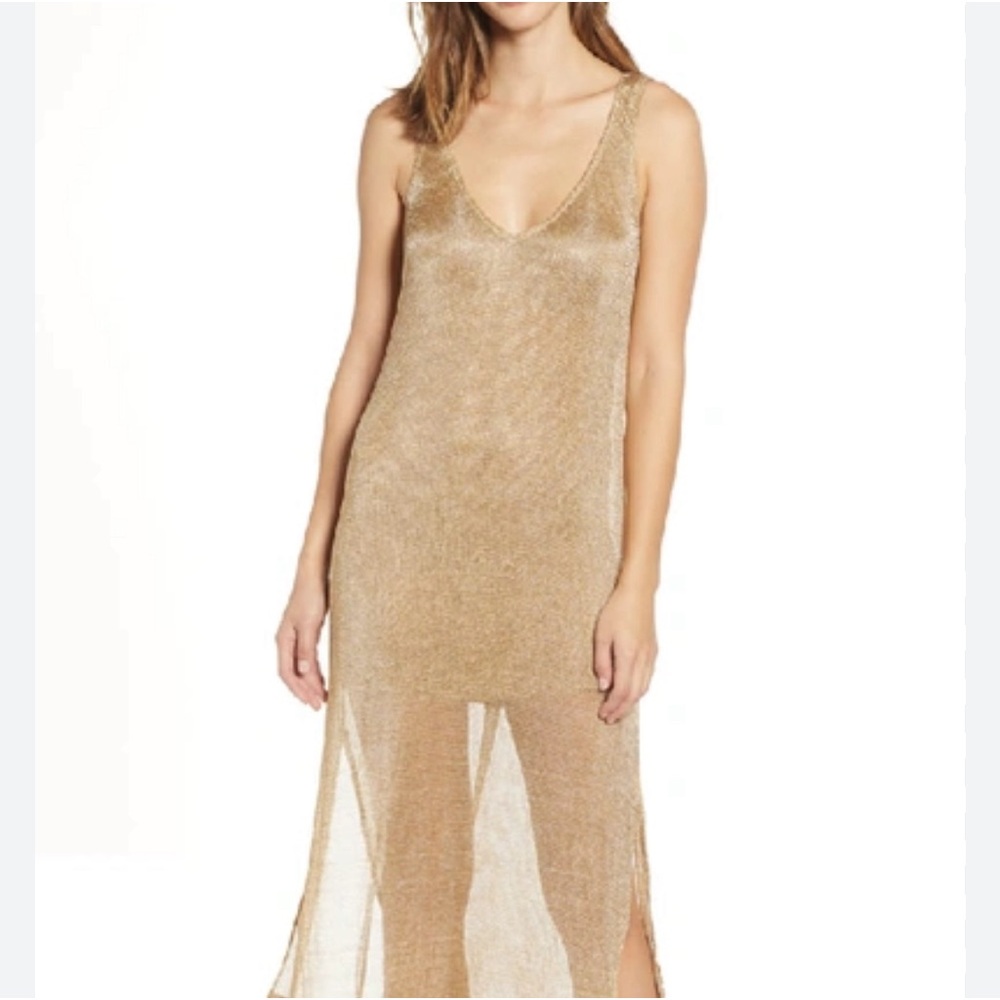 Show me your Mumu HARLYN MESH DOUBLE V MIDI SHIFT DRESS IN LIQUID MESH ROSE GOLD